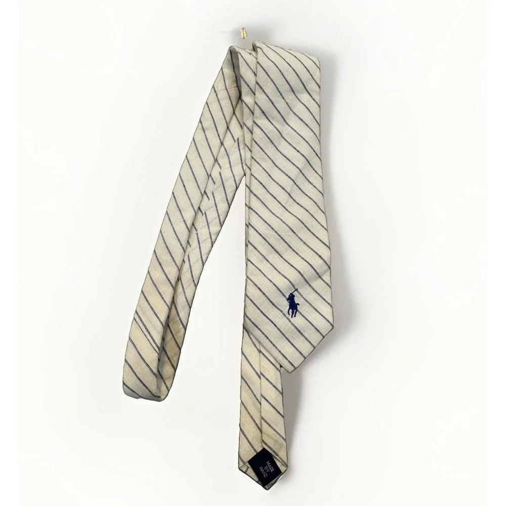 VTG Polo Ralph Lauren Cotton Necktie Navy White Striped Preppy School Academic